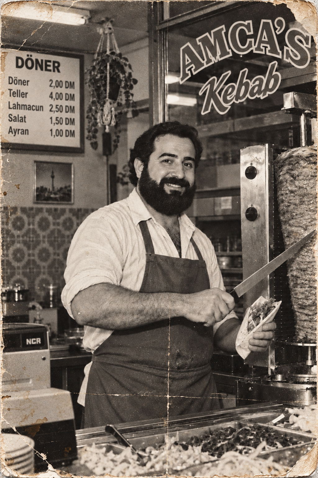 Schwarzweißfoto: Mann mit Vollbart und Schürze hinter dem Tresen eines Imbisses, in der Hand ein Messer und ein Döner im Papier, rechts der Spieß, im Hintergrund eine Preistafel und der Schriftzug Amca’s Kebab auf der Scheibe